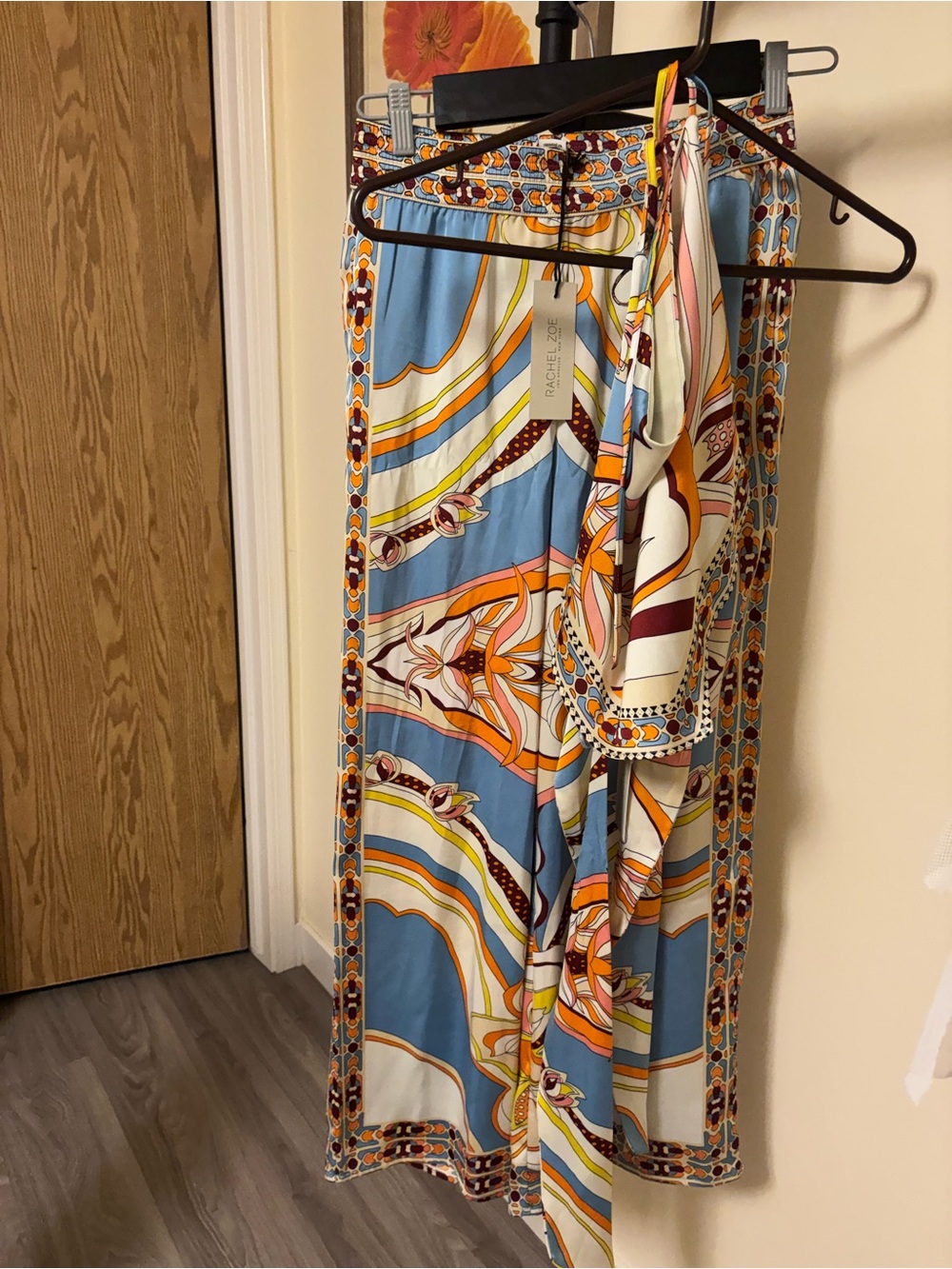 Rachel Zoe Blue and Orange Printed Scarf Top and Wide Leg Pants